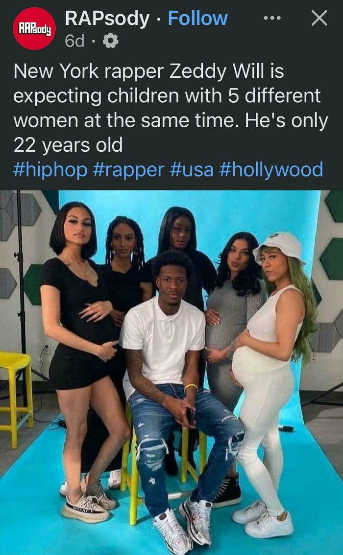 Young rapper surrounded by five pregnant women, illustrating a depressing post about living in a stupid time in history.