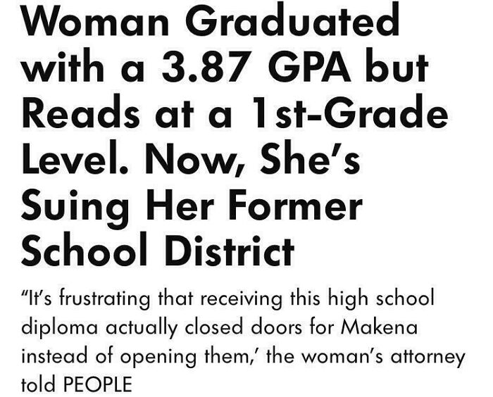 Text post about a woman with a high GPA reading at a first-grade level, highlighting depressing moments in modern times.