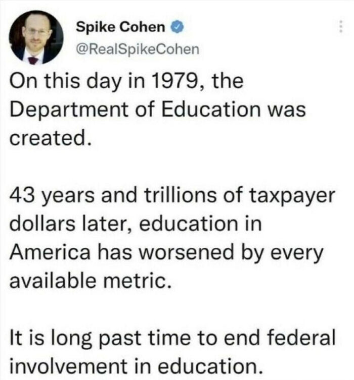 Tweet criticizing the decline in American education despite federal involvement, highlighting a depressing post on education issues.