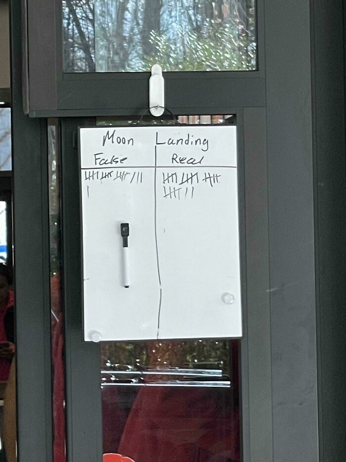 Whiteboard in a window showing tally marks for moon landing false vs real, illustrating a depressing post about stupid times.