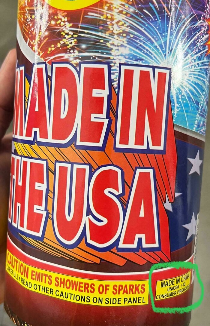 Firework labeled made in the USA with a small label showing made in China, highlighting a depressing sign of our times.