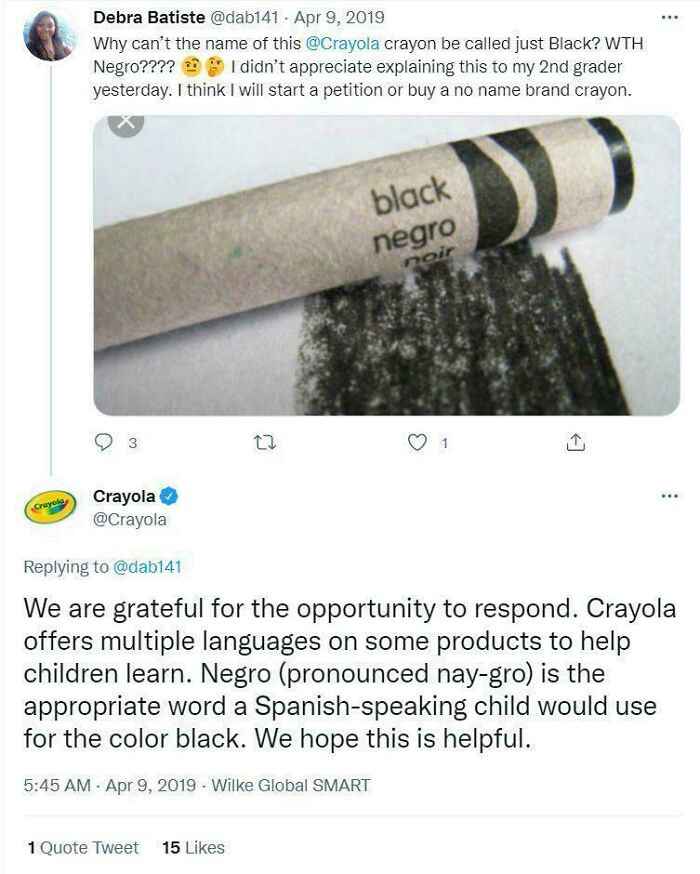 Twitter thread showing a debate about Crayola crayon names illustrating confusing and depressing posts.