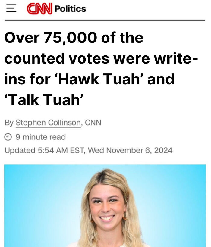 CNN Politics article headline about write-in votes with a smiling woman, highlighting depressing posts about the stupidest time in history.
