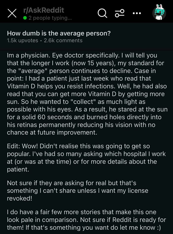 Reddit post from an eye doctor sharing a story highlighting the decline of average person intelligence in recent years.