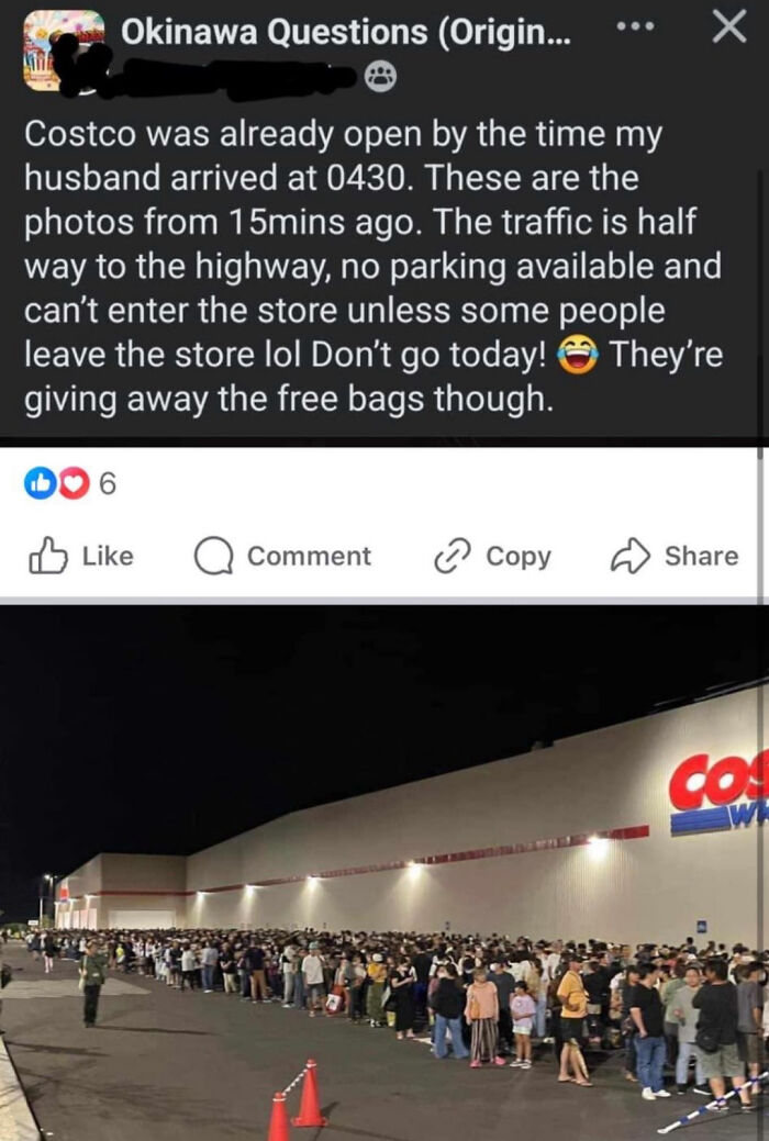 Large crowd lined up outside Costco at night showing depressing posts about living in the stupidest time in history.