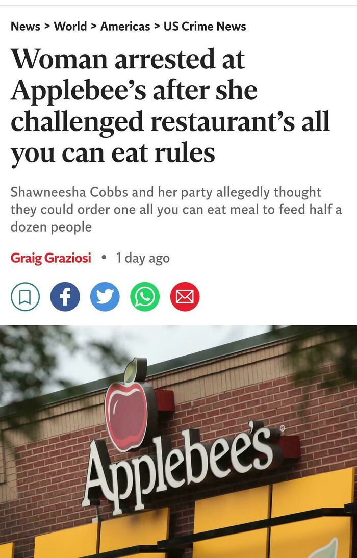 Woman arrested at Applebee’s after challenging restaurant’s all you can eat rules, highlighting absurd moments in history.