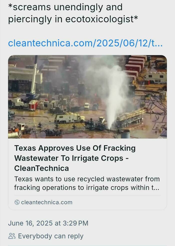 Fracking wastewater used to irrigate crops in Texas, highlighting a depressing environmental decision in modern times.