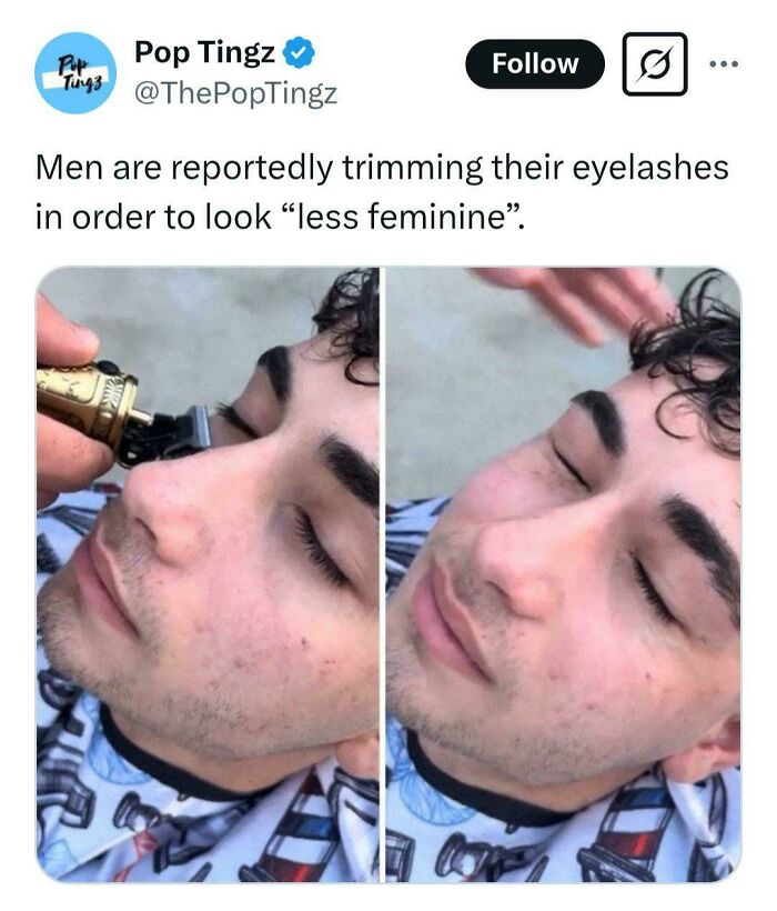 Man trimming his eyelashes to look less feminine, illustrating one of the depressing posts about living in the stupidest time in history.