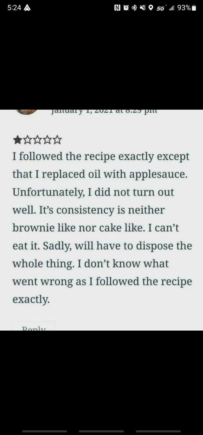 One-star review about a recipe failing after replacing oil with applesauce, highlighting depressing posts about living in stupid times.