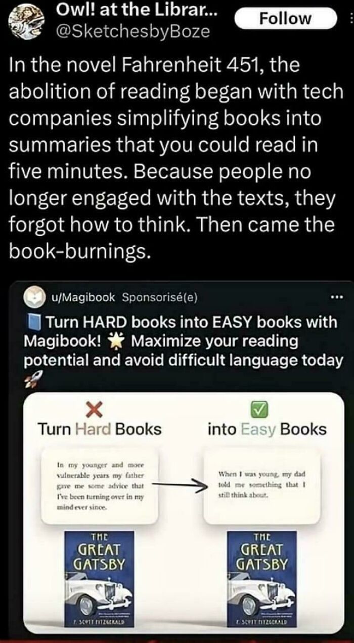 Social media post about simplifying classic books, highlighting depressing posts on reading habits in the stupidest time in history.