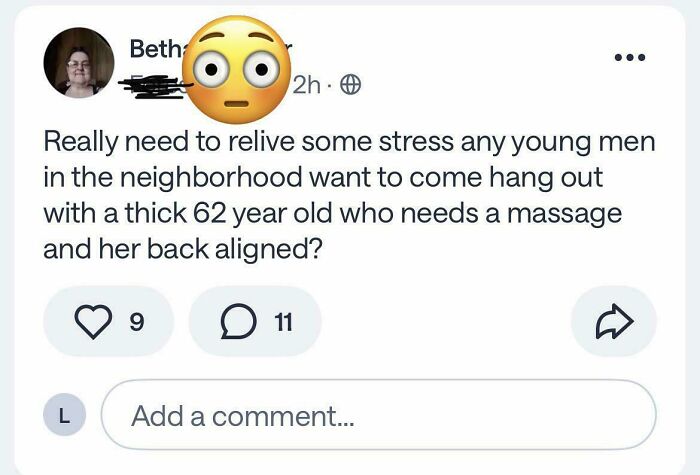 A screenshot of a wild neighborhood online community post from a 62-year-old seeking a massage and back alignment.