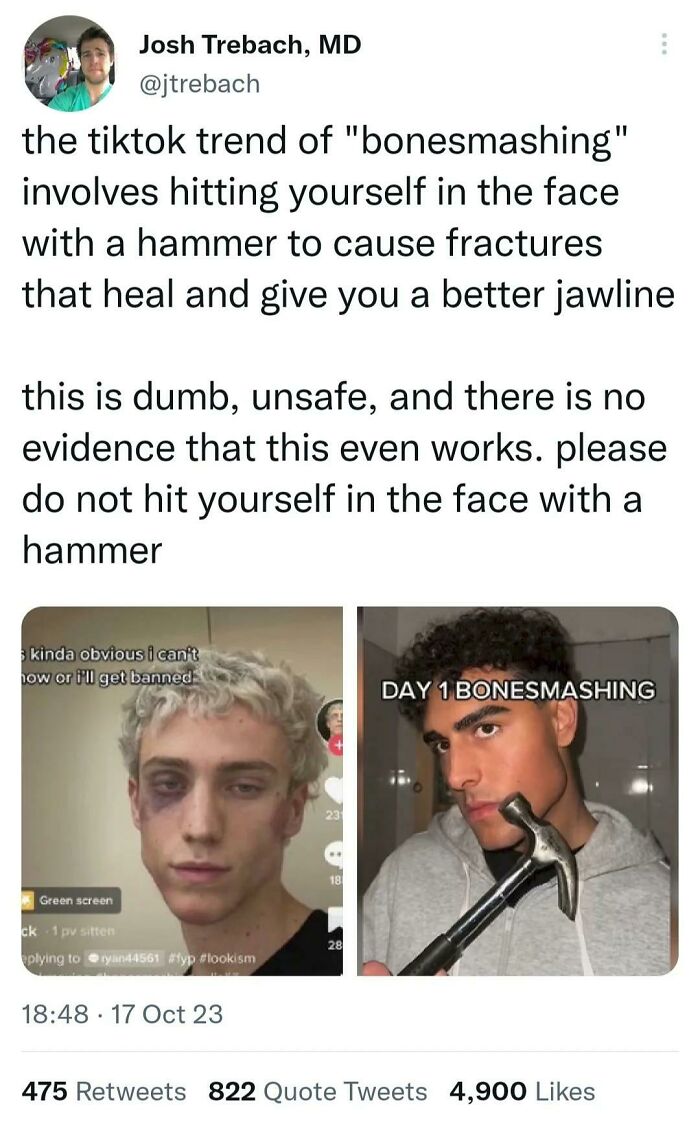 Tweet explaining the dangerous TikTok trend of bonesmashing, highlighting unsafe behavior in modern online challenges.