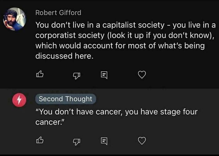 Screenshot of online comments highlighting depressing posts reflecting the stupidest time in history and societal critiques.