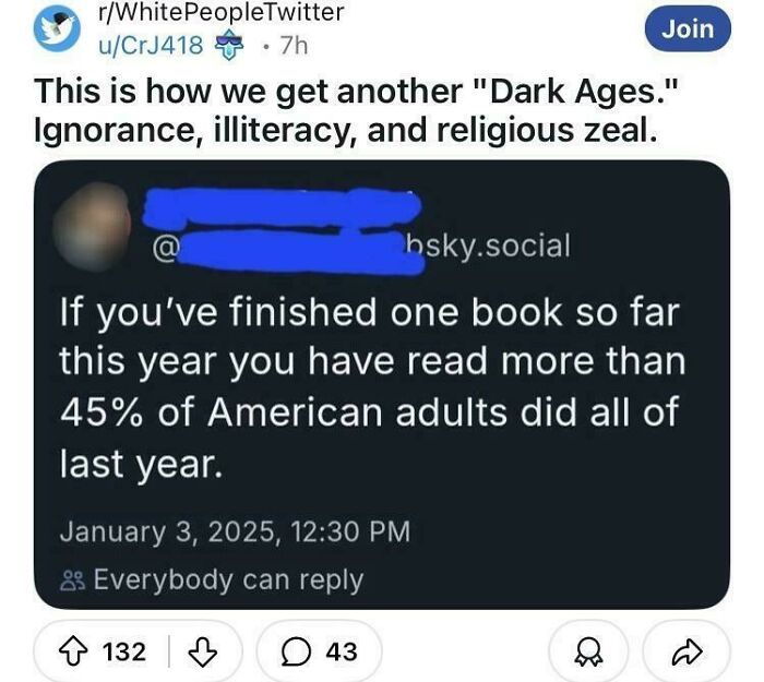 Social media post highlighting low reading rates among American adults, reflecting depressing posts about living in stupid times.