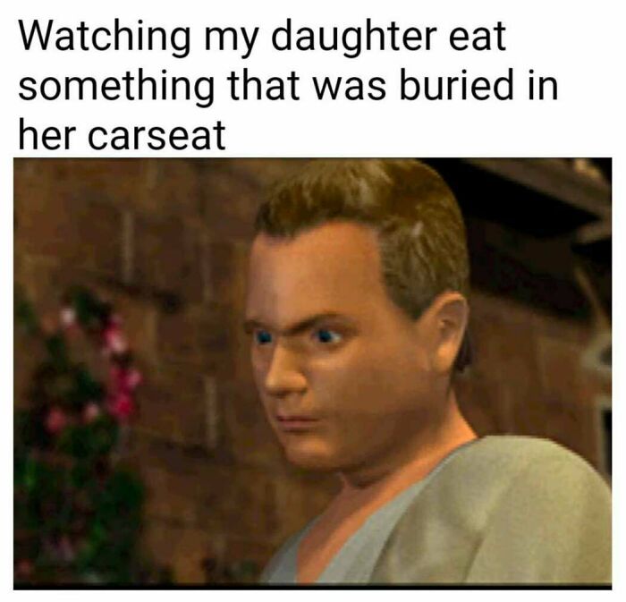 Man with concerned expression watching daughter eat something found in carseat, humorous safe-for-work meme concept.