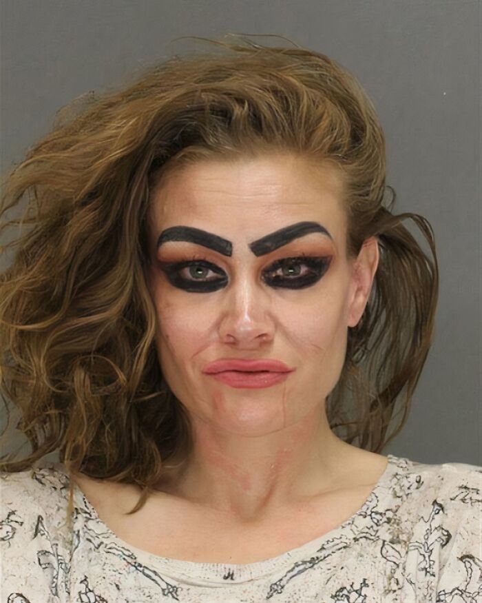 Woman with crazy eyebrows and heavy black eye makeup creating an exaggerated and dramatic facial expression.