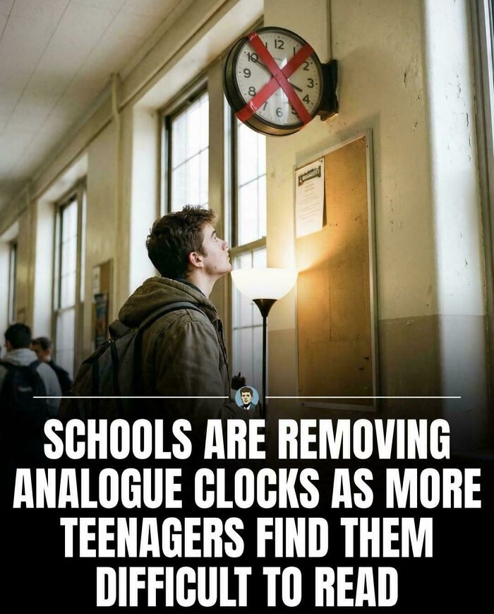 Teenager looking at an analogue clock with a red cross, highlighting the trend of removing clocks in schools due to reading difficulties.