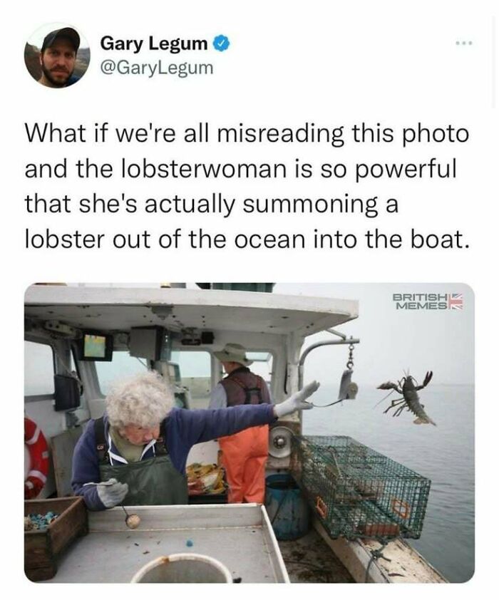 Elderly woman on fishing boat seemingly summoning a lobster, a funny and lighthearted safe-for-work meme.