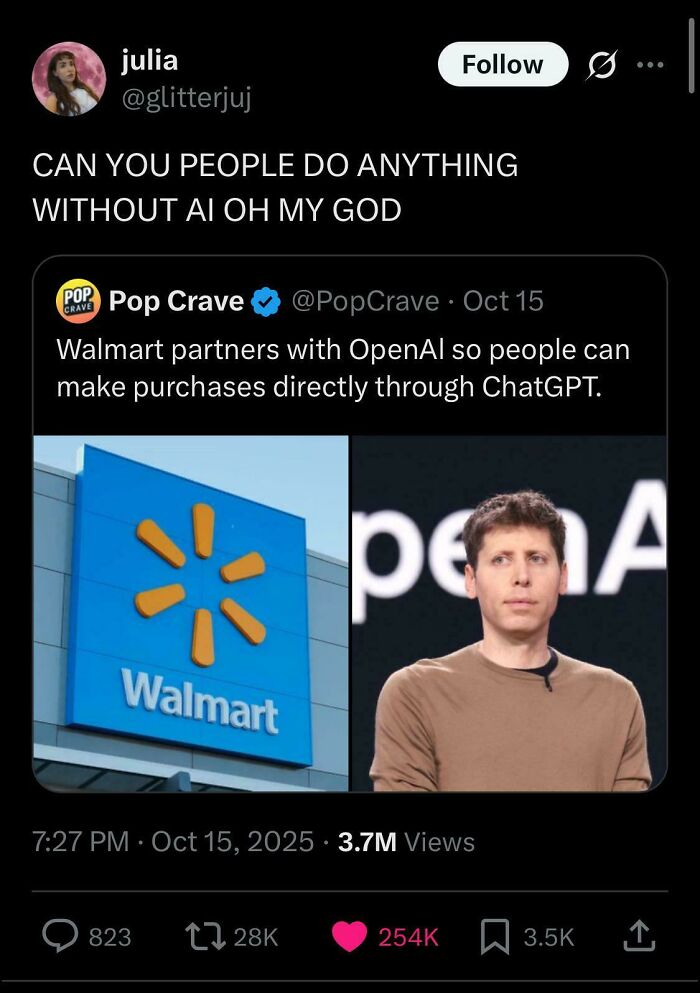 Twitter post expressing frustration about reliance on AI after Walmart partners with OpenAI for ChatGPT purchases.