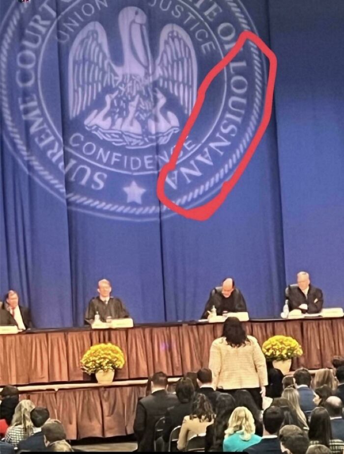 A courtroom scene with judges and an audience, showing a misspelled Louisiana seal highlighted in red, illustrating a stupid moment.