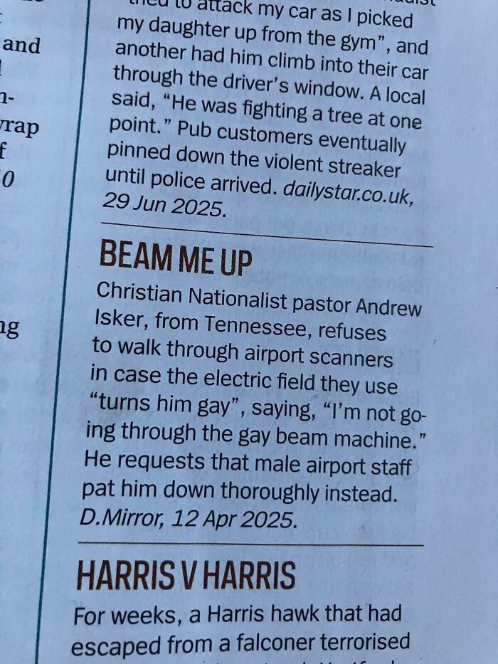 Text excerpt showing a bizarre refusal to walk through airport scanners reflects depressing posts about living in the stupidest time.