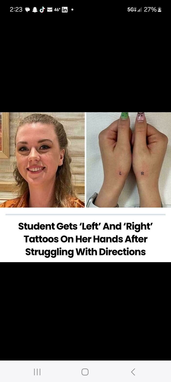 Young woman with tattoos of left and right on her hands, highlighting confusing directions as a depressing post example.