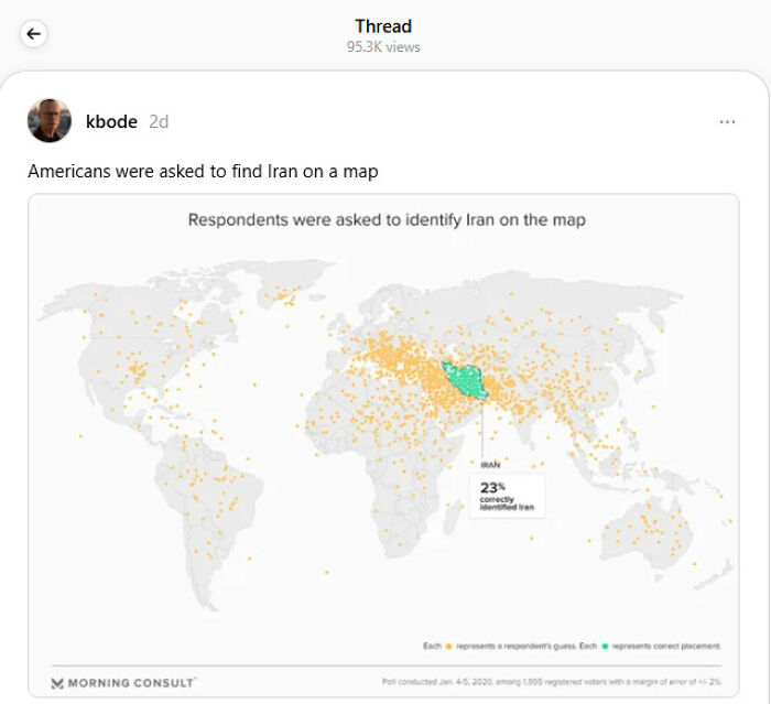 Map showing Americans' responses locating Iran, highlighting only 23% correctly identified, reflecting a depressing time in history.
