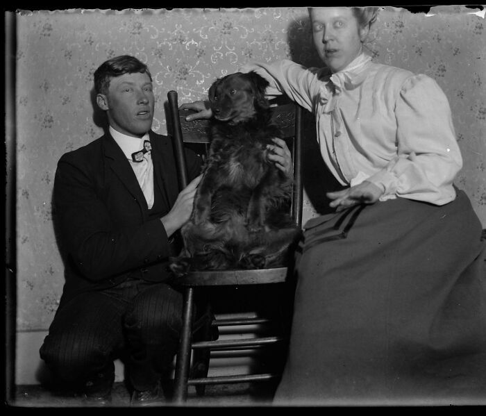 Vintage black and white photo of a man and woman posing with a seated dog, capturing moments from decades ago.