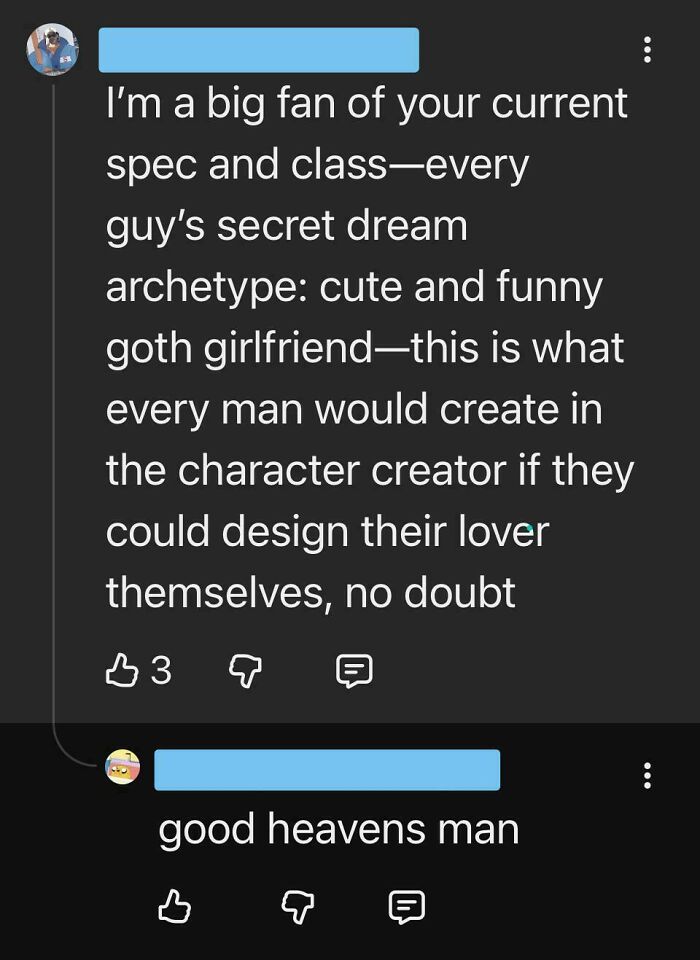 A cringey comment from social media about a fantasy girlfriend archetype.