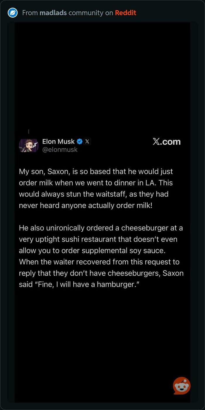 A screenshot of an Elon Musk tweet discussing his son ordering unusual items, a cringey example.