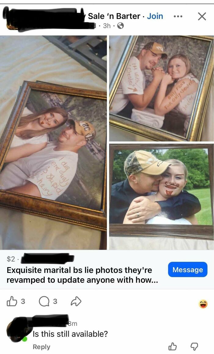 Cringey People marital photos with red lipstick marks and text, listed for sale online.