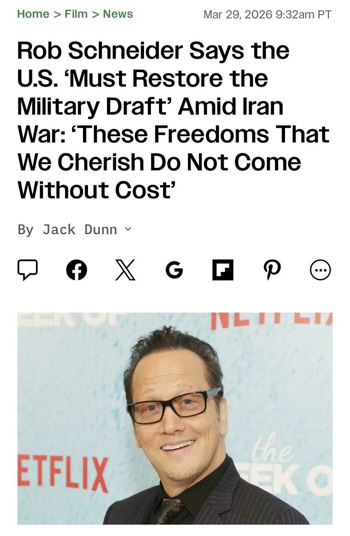 Cringey People article showing Rob Schneider with glasses, discussing military draft and freedoms.