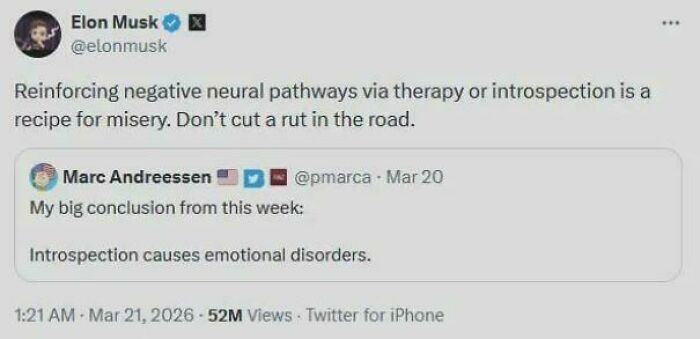 Cringey People tweet by Elon Musk and Marc Andreessen about introspection causing emotional disorders.