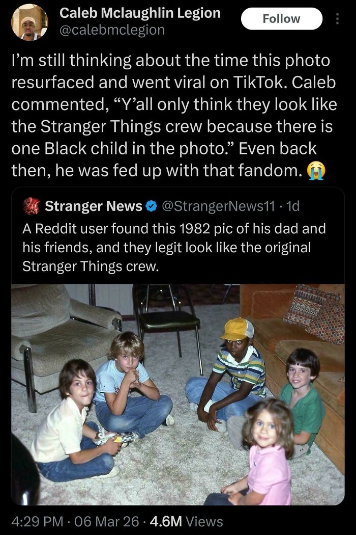 A Black Twitter tweet by Caleb McLaughlin Legion about an old photo of children resembling the Stranger Things crew.