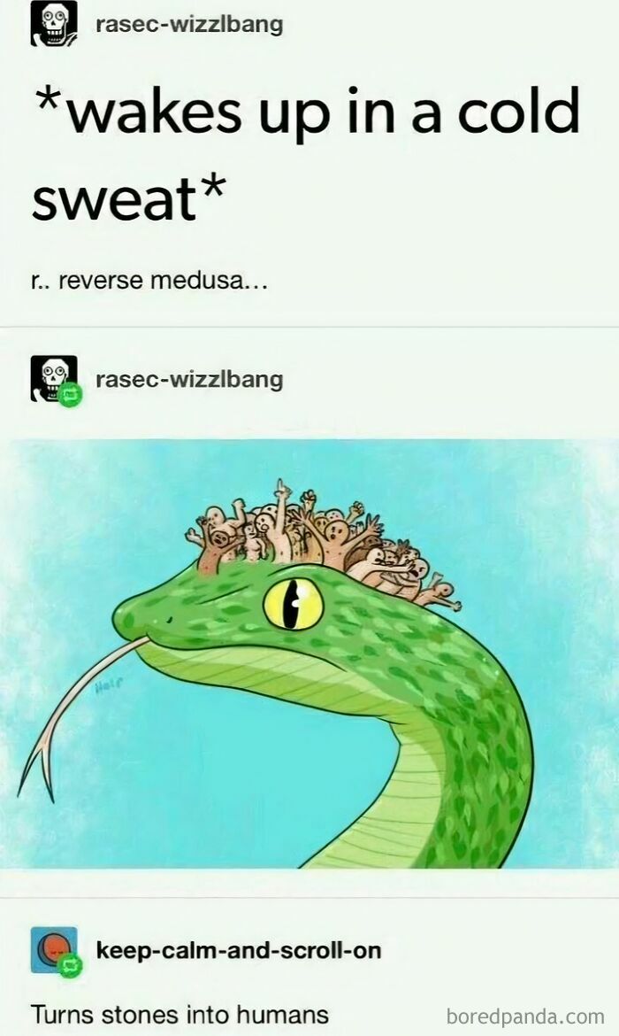 Tumblr artist rasec-wizzlbang’s humorous drawing of a snake with tiny humans on its head, showcasing creative internet art.