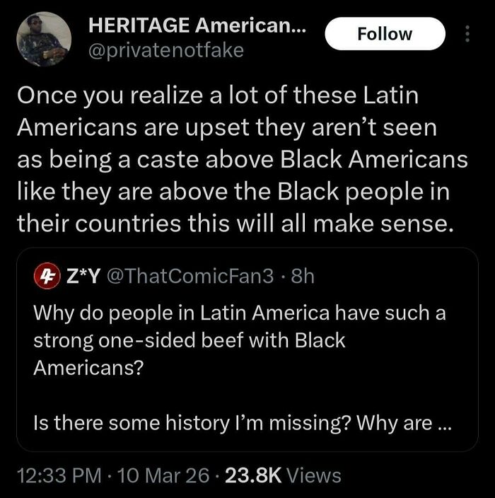 A Black Twitter tweet discussing Latin American attitudes toward Black Americans, offering new insights.