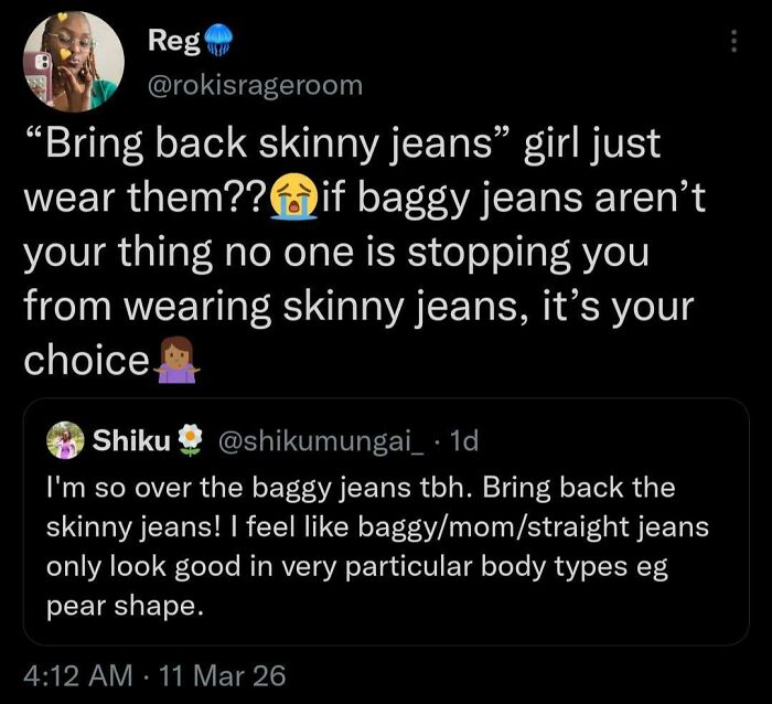 A tweet from Reg responding to a user wanting skinny jeans back, visible in important tweets from Black Twitter.