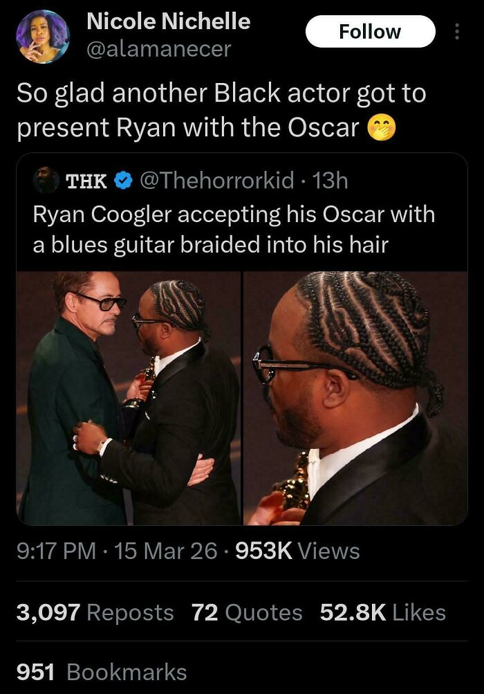 Black Twitter's viral tweet about Ryan Coogler accepting his Oscar, showcasing his unique braided hair. Important tweets.