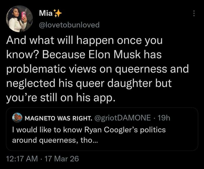 A screenshot of a tweet from Mia questioning Elon Musk's views on queerness, highlighting important tweets from Black Twitter.