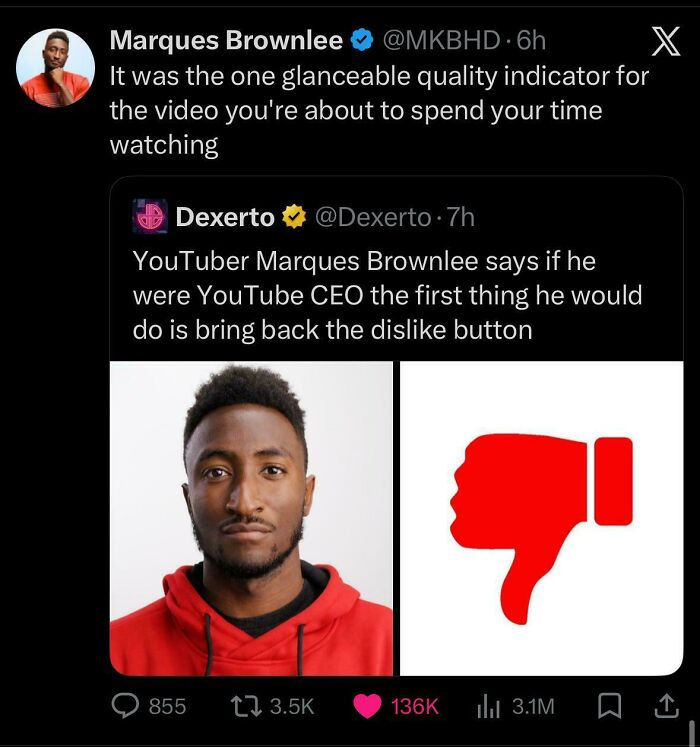 A tweet from Marques Brownlee with his picture and a red dislike button, showcasing important tweets from Black Twitter.