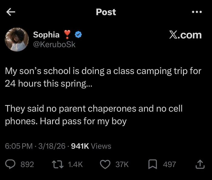A Black Twitter post by Sophia about a school camping trip with no chaperones or cell phones, teaching new insights.