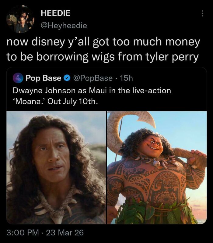 A tweet about Dwayne Johnson as Maui in live-action Moana, with a picture comparing him to the animated Maui. Black Twitter reacts.