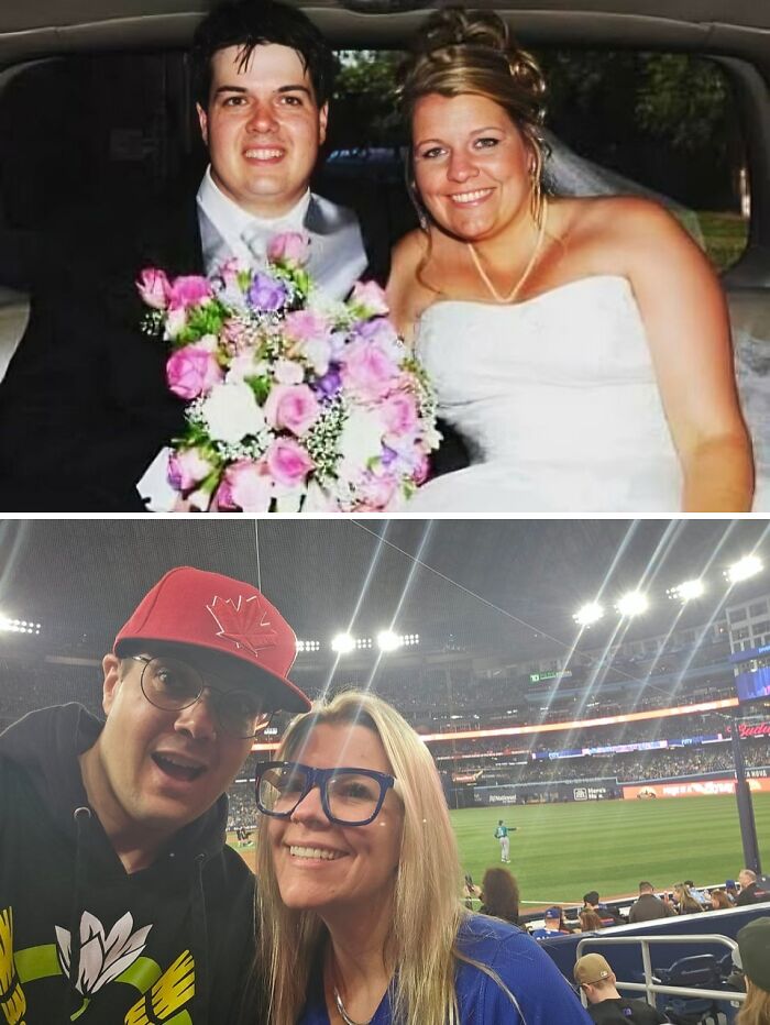 Before and after glow-ups showing extreme transformations of a couple at a wedding and a baseball game.