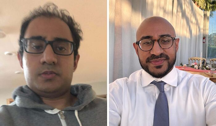 Before and after extreme glow-up of a man showing dramatic transformation in appearance and style.