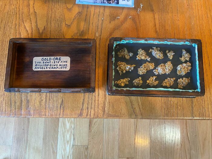 A box containing remarkable gold-ore nuggets, a special find from Angels Camp in 1899, detailed on the lid.