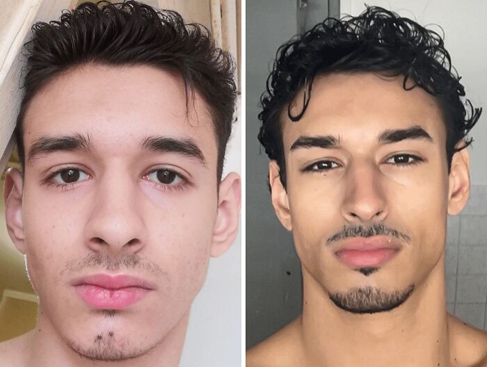 Side-by-side comparison of a young man showing an extreme glow-up transformation with noticeable differences in appearance.