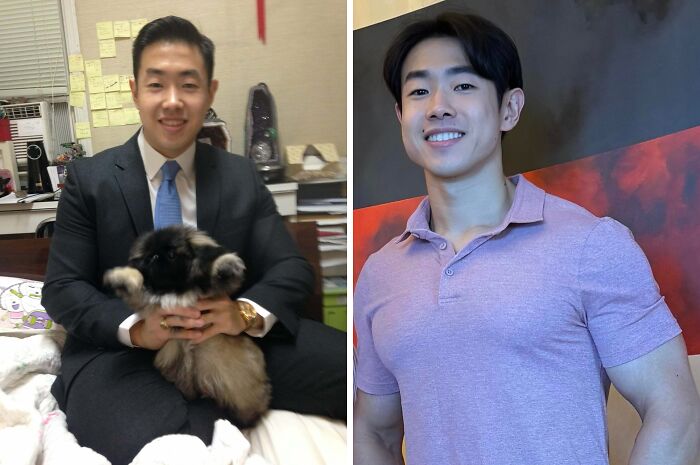 Side-by-side photos showing an extreme glow-up transformation of a young man with noticeable style and fitness changes.