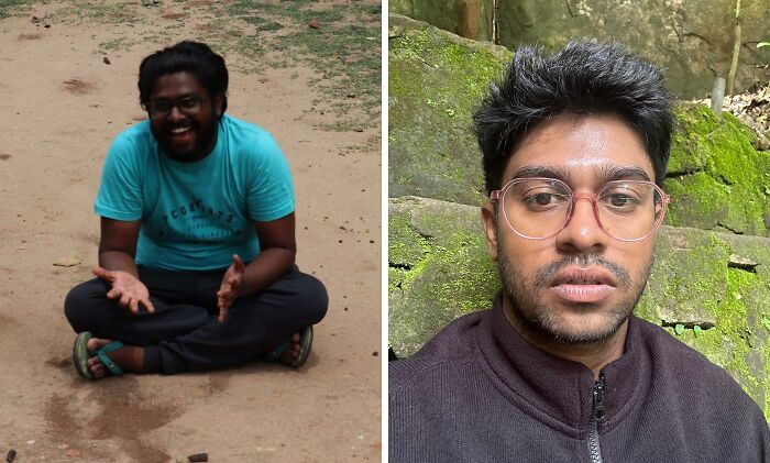 Before and after extreme glow-up of a man showing dramatic transformation in appearance and style outdoors.