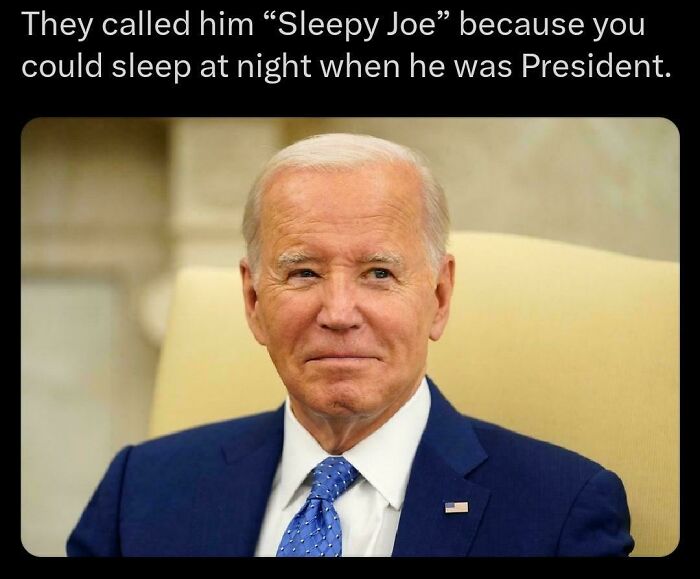 A smiling President Biden in a blue suit and tie, depicted in an internet's favorite moment meme about peaceful times.