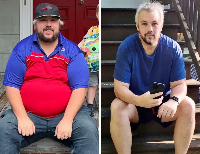 Man showing extreme glow-up transformation before and after weight loss, sitting outdoors on stairs and porch.